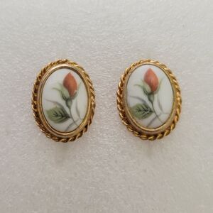 Vintage Hand Painted Floral Porcelain Rosebug Clip-on Earrings